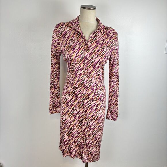 VTG The Limited Women M Silk Pink Geometric Print Long Sleeve Button Shirt Dress - Picture 1 of 11